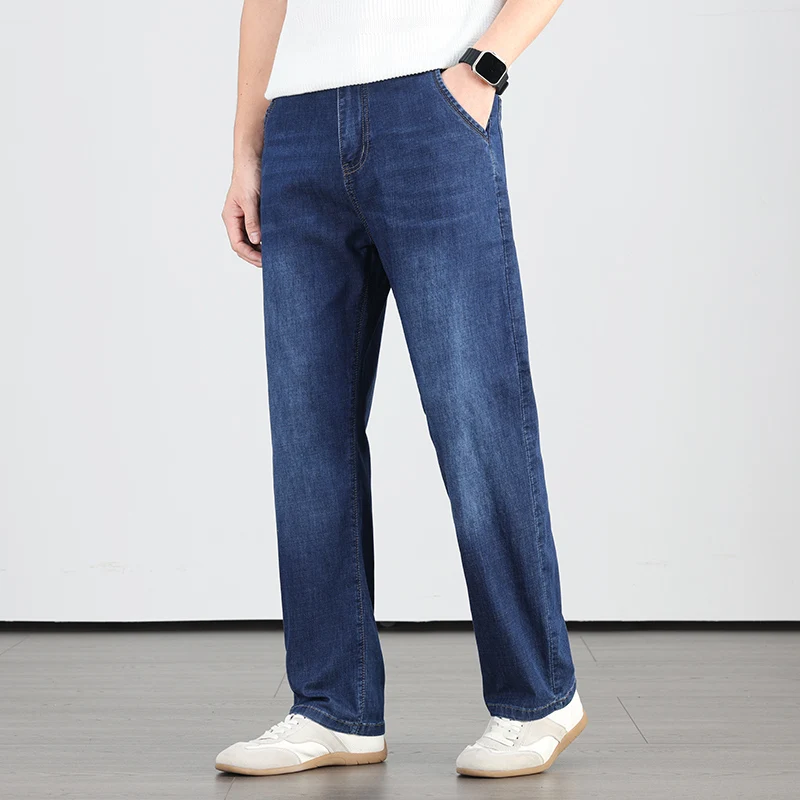 2026 Summer Brand Cotton Stretch Lightweight Straight Leg Loose Men's Business Casual Jeans High Waist Thin Full Length Pants