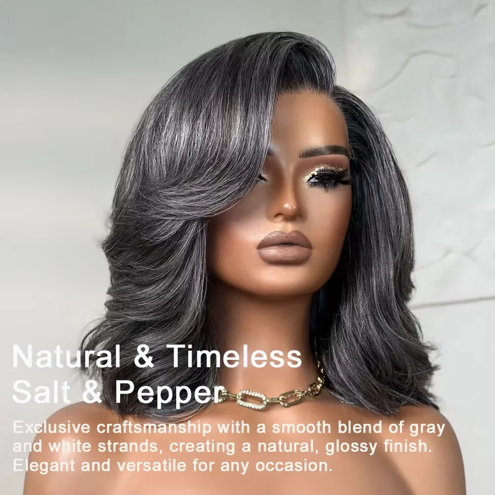 14 بوصة الشظية رمادي الجسم موجة قصيرة بوب الباروكات الشعر البشري 5x5 HD الدانتيل إغلاق شعر مستعار 200 الكثافة الملح والفلفل موجة فضفاضة بوب الباروكات