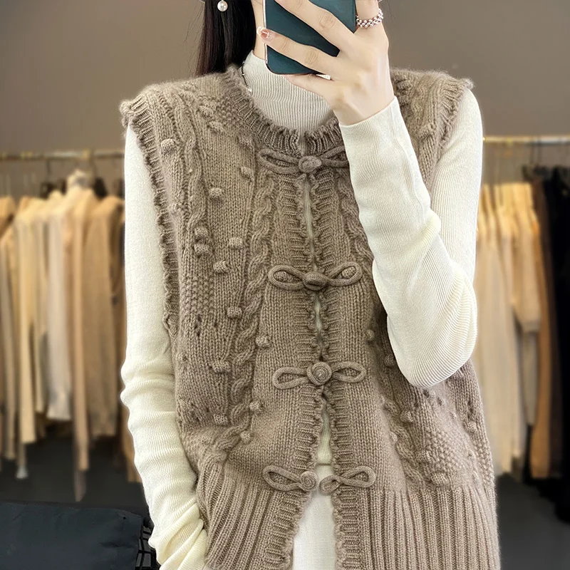 WOTEEWS  Women's cardigan wool vest solid color knitted short jacket women's O-neck sleeveless sweater vest hot selling 4 colors