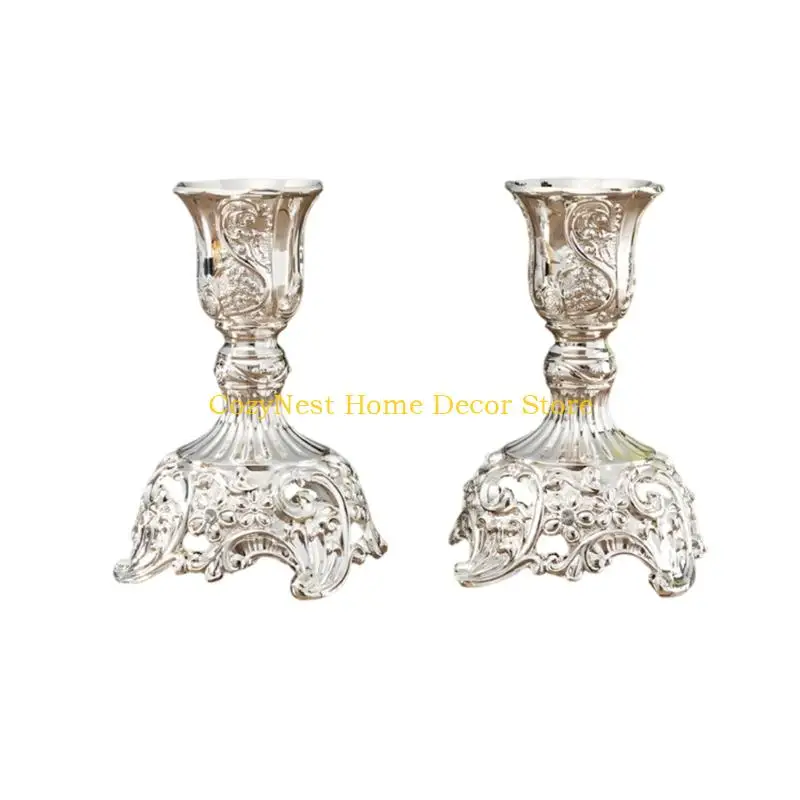 92MF Set of 2 Elegant European Engraved Taper Candle Holders Antique Metal Candlestick Candelabra For Table Centerpieces