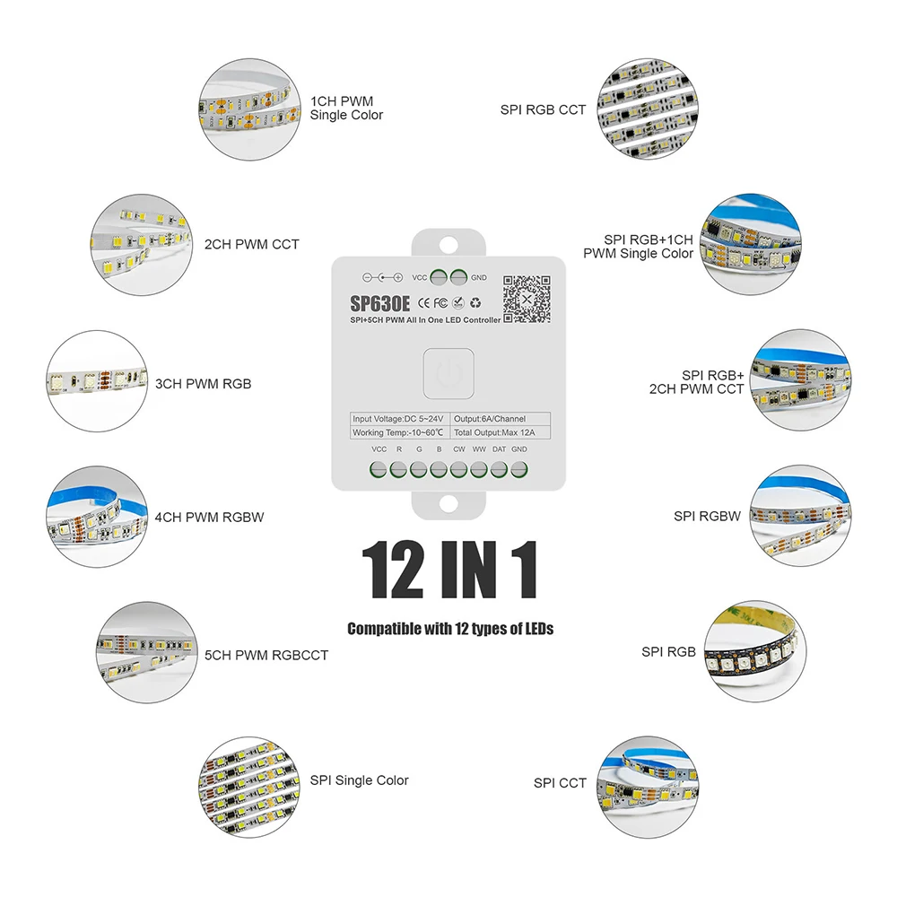 SP630E LED Controller Bluetooth SPI PWM 5-in-1 RGBCCT ARGB WLED Controller for RGB RGBW COB LED Strip 5V 12V 24V