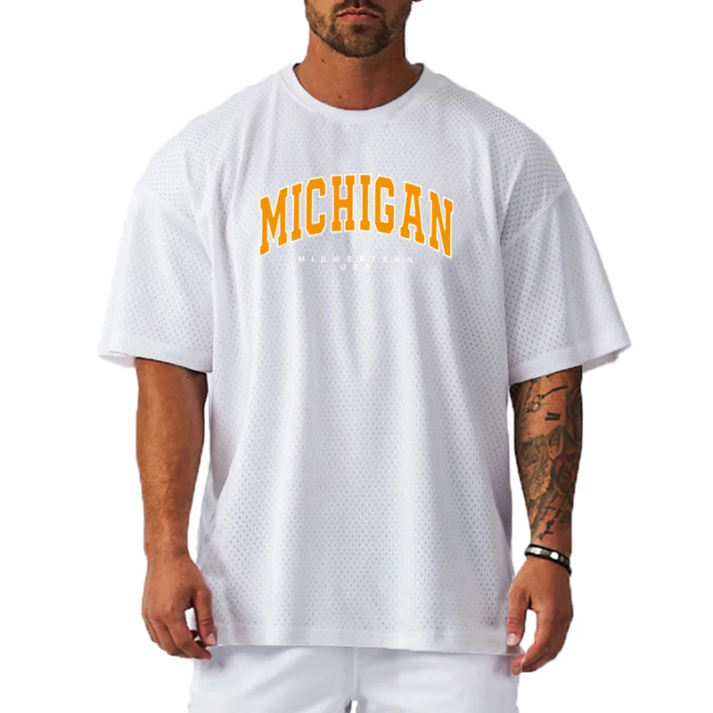 Michigan Midwestern USA Gym Fitness Workout Tops Mens Running Sport Oversized Loose T-Shirt Mesh Short Sleeve Quick Dry Clothing