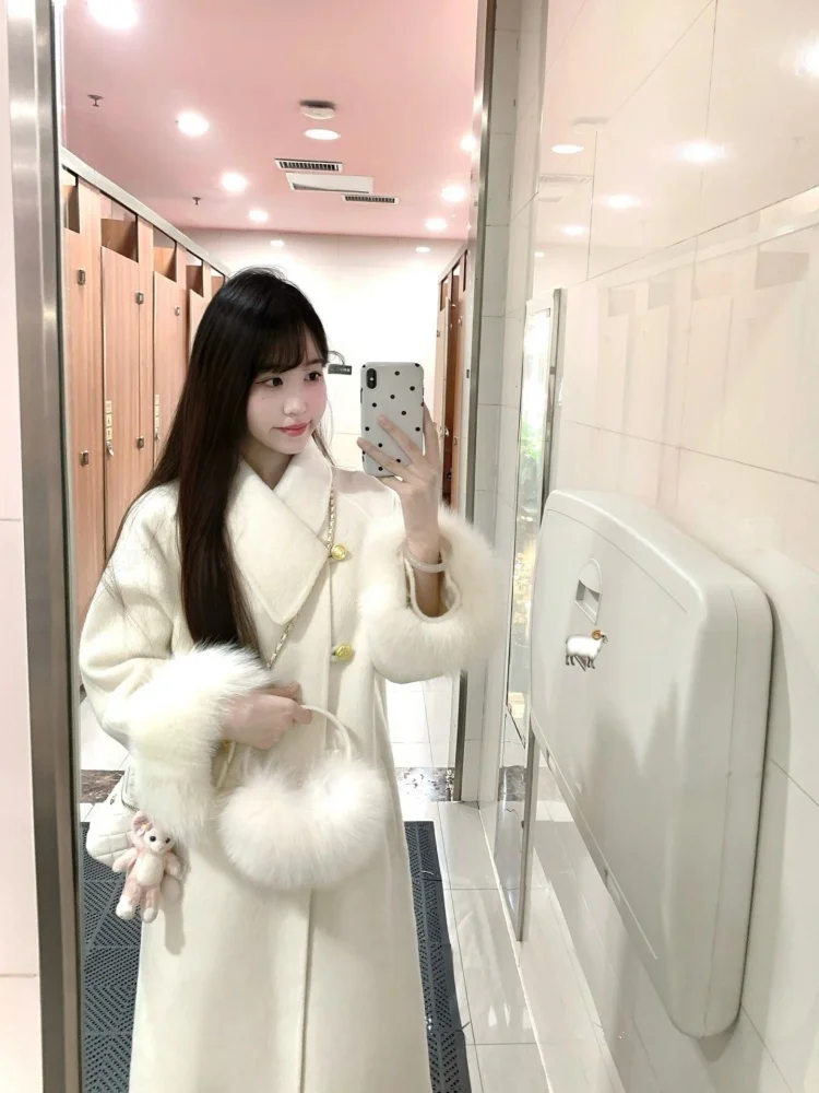 

Двустороннее шерстяное пальто из кашемира для женщин, с длинными рукавами, белыми меховыми манжетами, в корейском стиле, зимнее теплое, повседневное, с прямым подолом