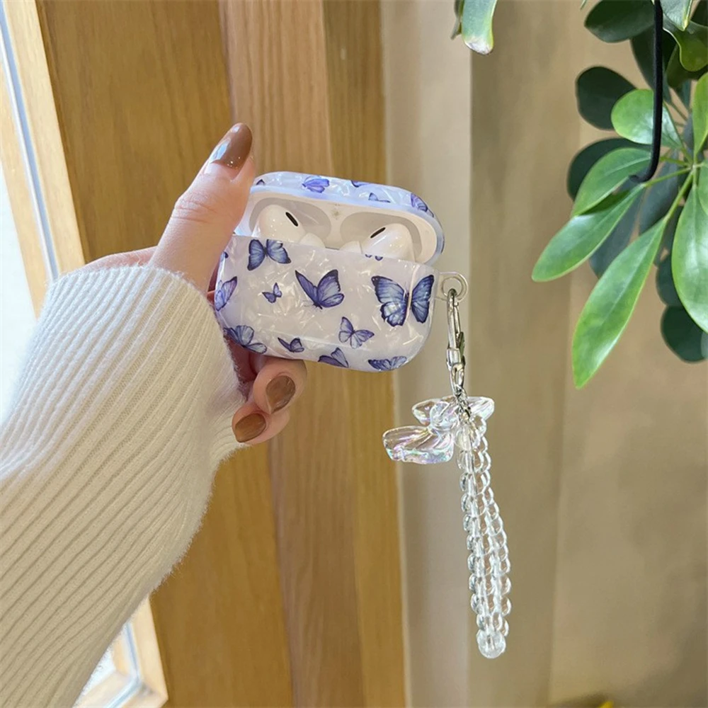 لهاتف AirPods Pro 2، غطاء حماية من مادة TPU بنمط الفراشة مع سوار على شكل فراشة