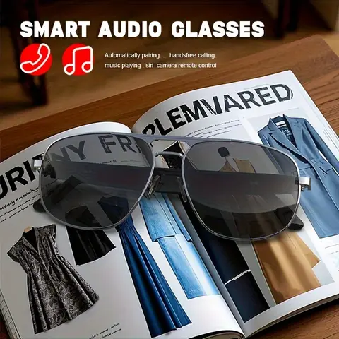 AI-powered Bluetooth glasses, wireless smart audio glasses with AI translation, metal-framed polarized sunglasses, built-in microphone and speaker, ideal for sports, travel, and driving