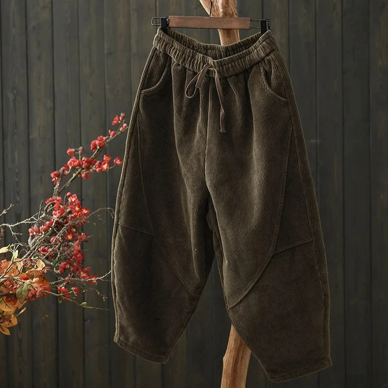 Autumn Winter Female Casual Loose Corduroy Pant Ladies Elastic Waist Corduroy Trousers Women Large Size 4XL Warm Pantalons