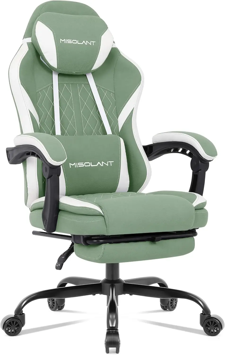 High Back Ergonomic Gaming Chair with Footrest, Fabric Computer Chair Adjustable Headrest & Massage Lumbar Support, 90-155° Recline, Green