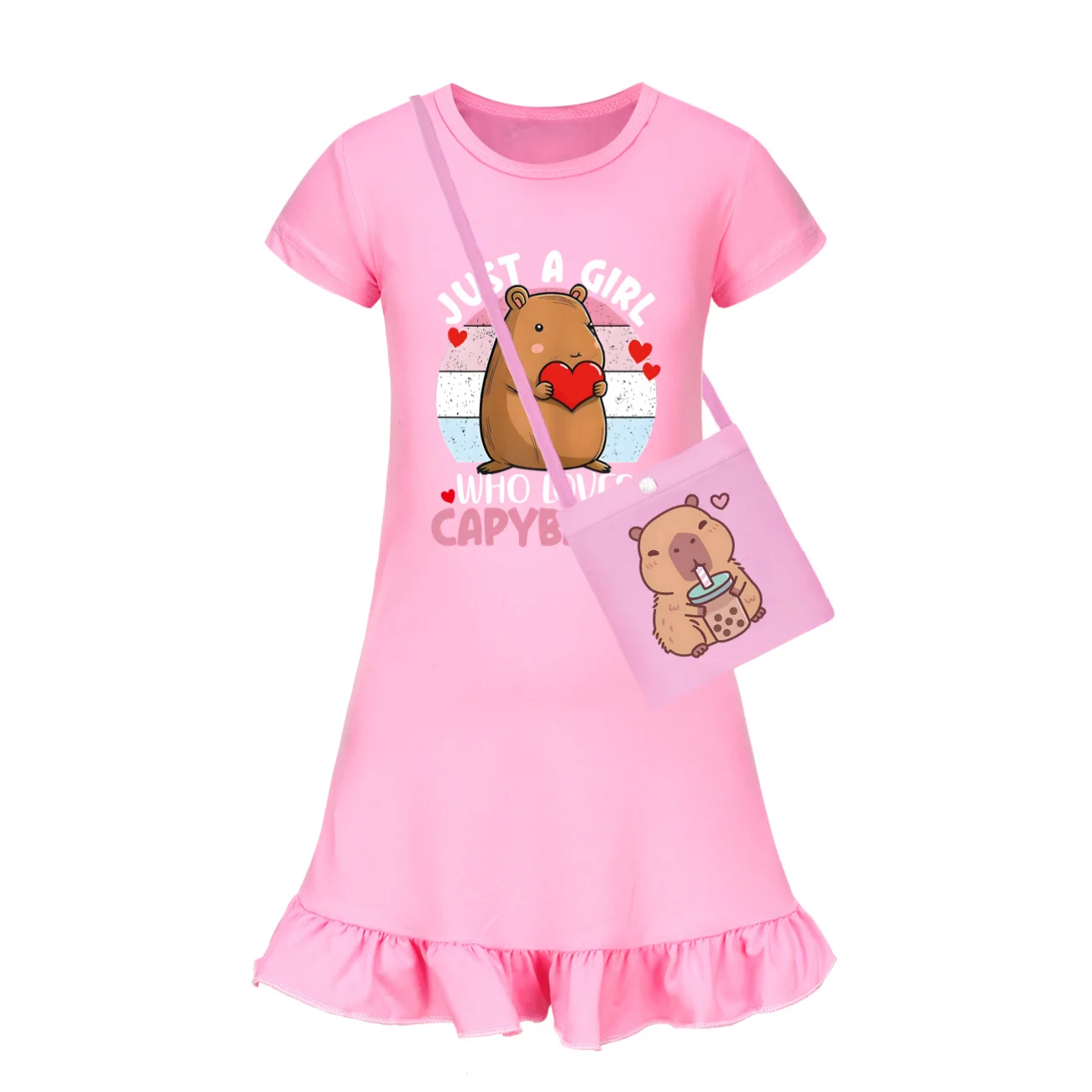 

Funny Capybara Dress Kids Casual Dresses Baby Girls 2025 Summer Short Sleeve Milk Silk Vestidos & Bag Children Daily Nightgowns