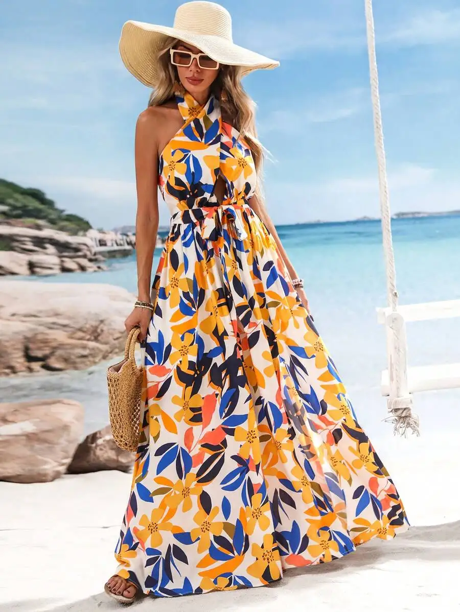 

Floral Print Halter Backless Maxi Dress For Women Summer Beach Vacation Boho Outfit