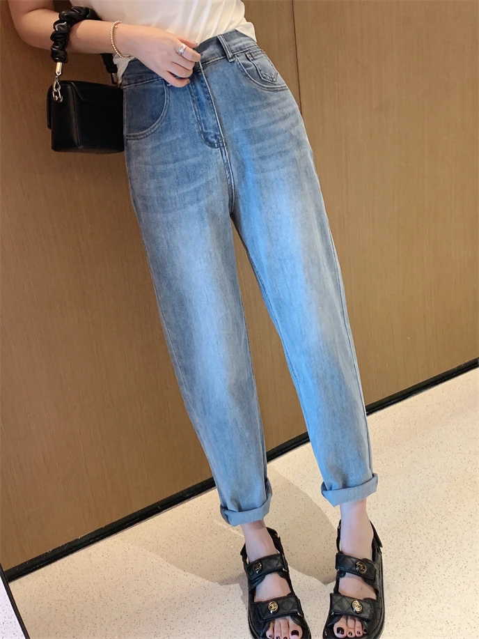 

High Waisted Jeans Fashion Women Clothing Blue Solid Color Straight Leg Denim Pants Trousers Jean Pockets Trousers Tall 2024 R80