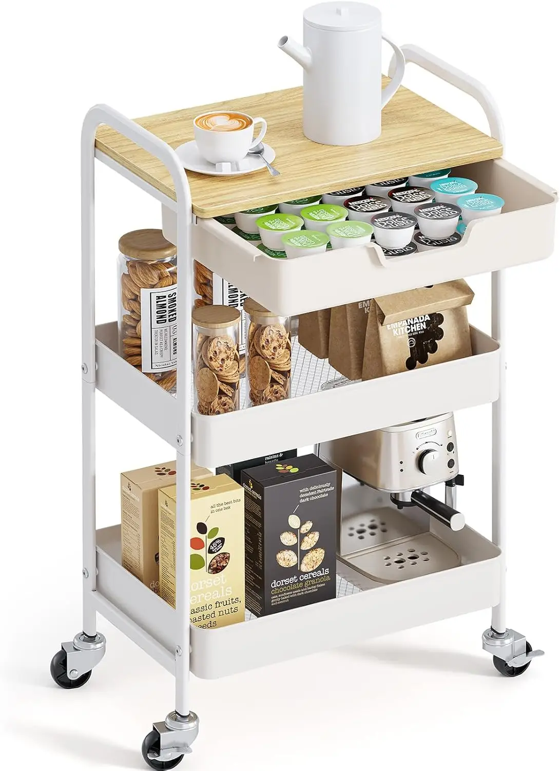 

3-Tier Rolling Cart with Drawer and Wooden Top, White Storage Trolley for Kitchen, Office, Home - Locking Wheels