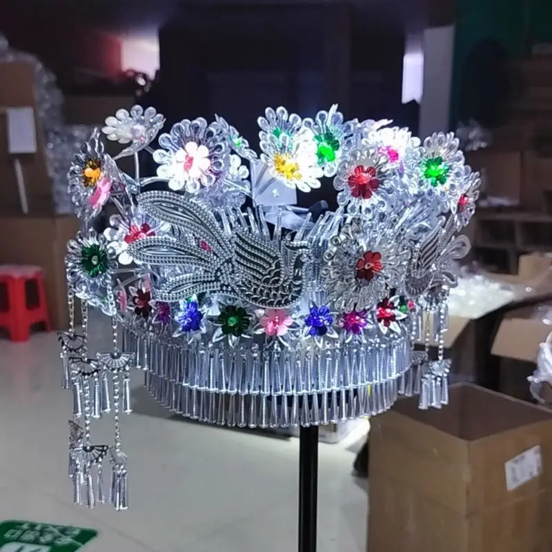 Metal Miao Silver Hat Female Ethnic Minority Headdress Tassel Headwear Stage Performance Headgear Carnival Festival Dancer Wear