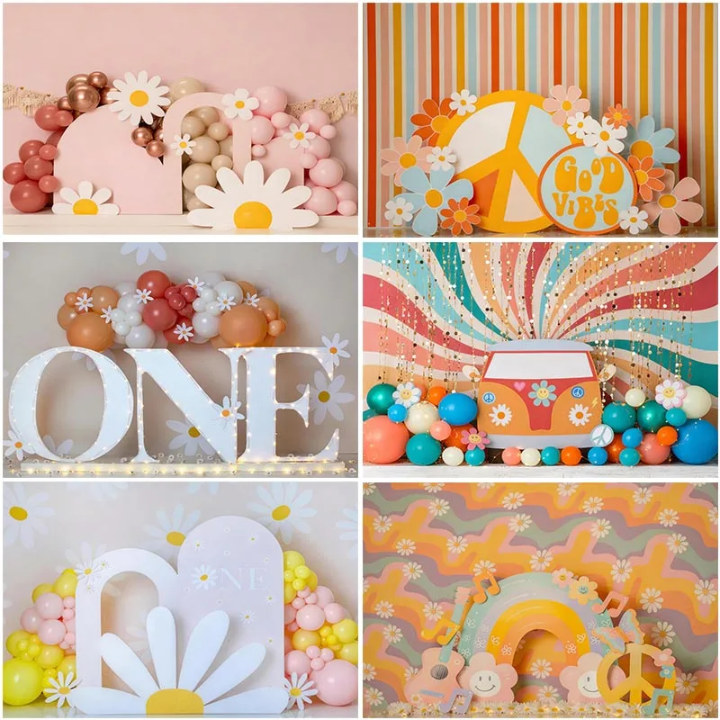 

LS Little Daisy Sunshine Bus Balloons Backdrops Kids Baby Birthday Cake Smash Props Floral Spring Photo Props Backgrounds