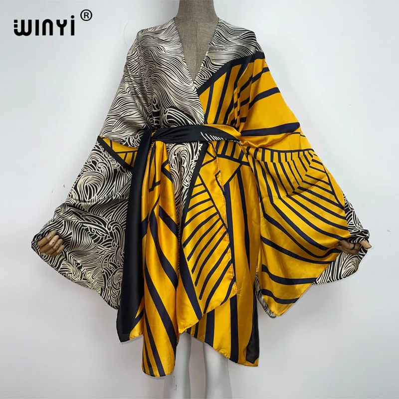 WINYI 2022 Bohemian Printed Self Belted Loose Summer elegant Beach Tunic free Size Kimono Women Street Wear Casual Maxi Dress