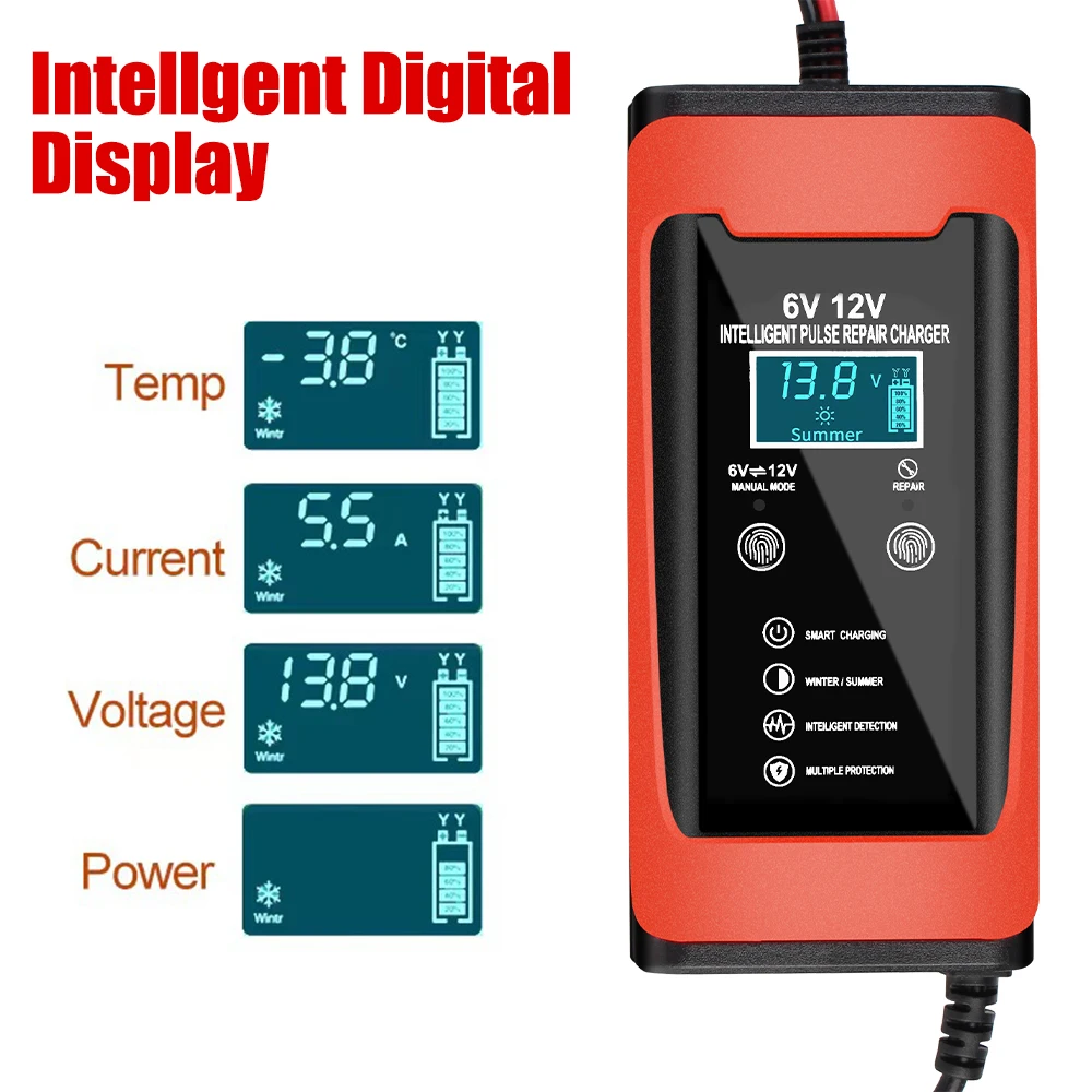 Cycle GEL Lead-Acid Charger 6V 12V 6A Car Battery Charger Pulse Repair LCD Display Auto Motorcycle Smart Fast Charge