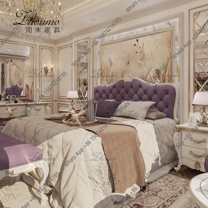 Ii French Light Luxury Solid Wood Double Bed Medium Antique Purple Fabric Soft Bag Single Bed Master Bedroom Wedding Bed