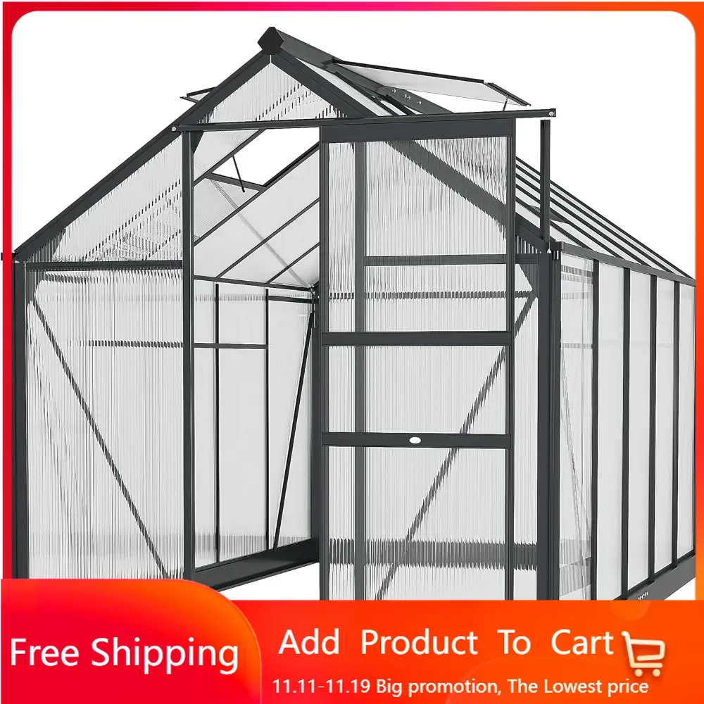 6' x 10' Greenhouse for Outdoors, Polycarbonate Greenhouse with Rain Gutter and Roof Vent, Aluminum Walk-in , Gray