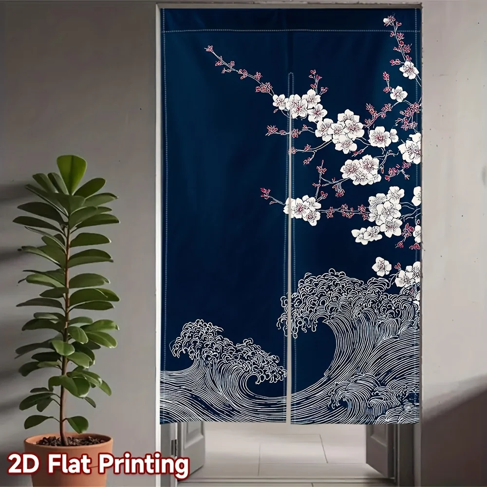 Cherry Blossom & Wave Noren Curtain – Japanese Ukiyo-e Style, Navy Blue with White Flowers, Easy Hang for Bedroom or Living Room