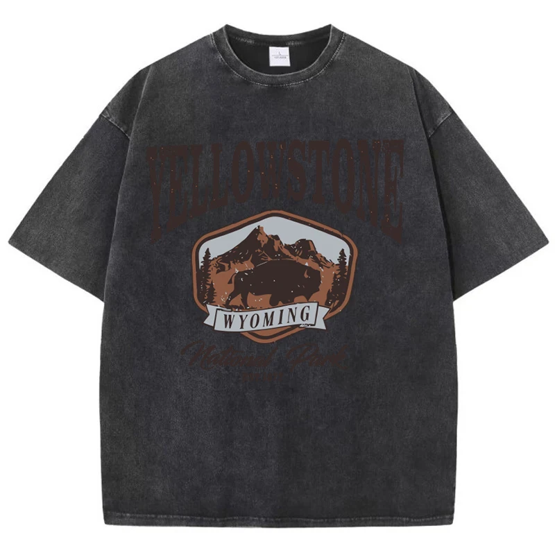 Woman Cotton Washed T-Shirts All-Math O-Neck Distressed Short Sleeve The Bison In Yellowstone Park Printing Tops Summer Clothes