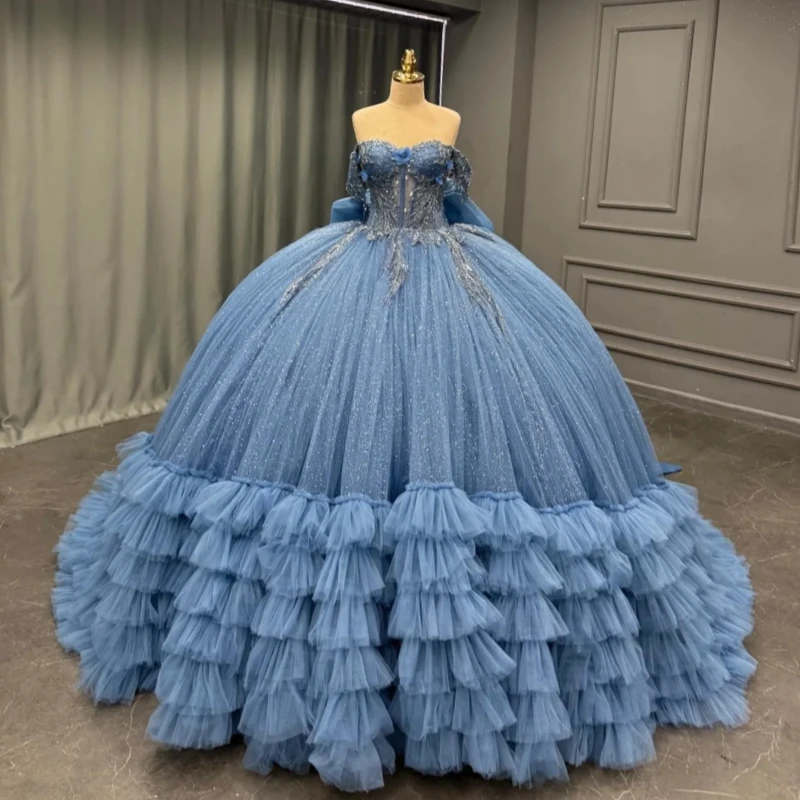 

Navy Blue Shiny Ball Gown Quinceanera Dresses Off The Shoulder Applique Lace Beads Bow Tiered Tull Party Birthday Sweet 16 Dress