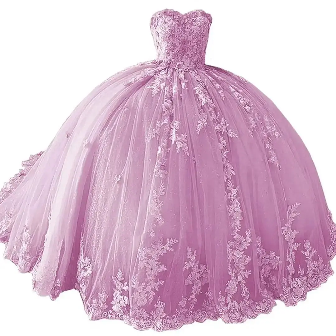 เจ้าหญิงลูกปัดลูกไม้ Quinceanera Ball Gown 2024 Strapless 3D ดอกไม้ชุดราตรี PUFFY หวาน 15 16 ชุด