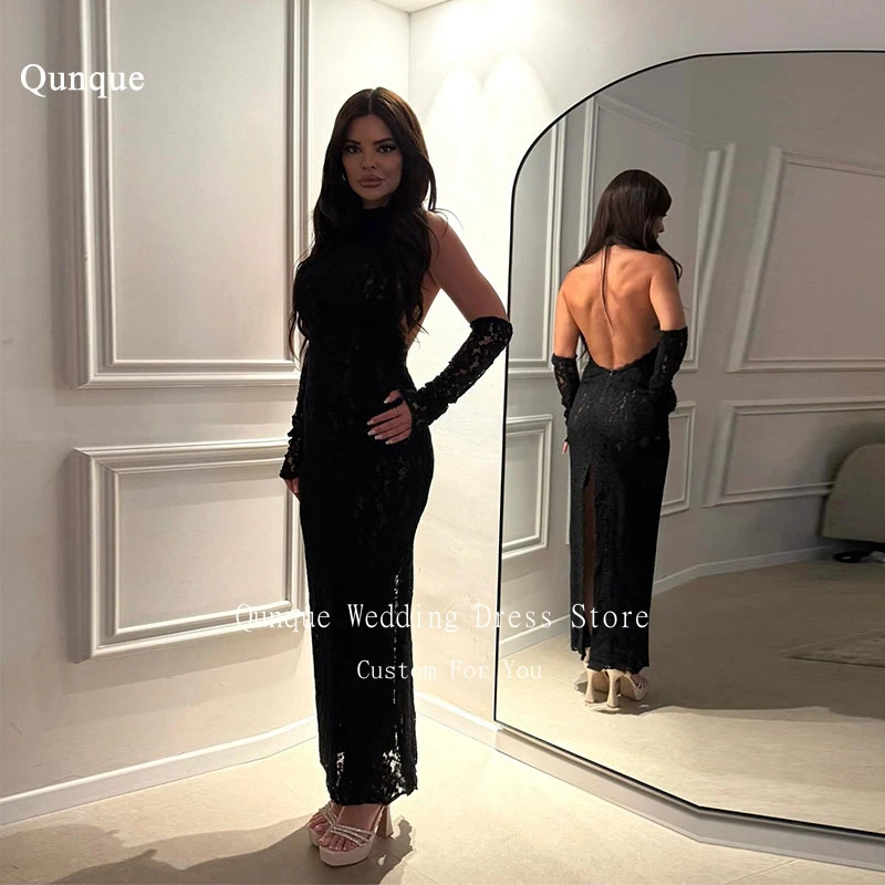 

Qunque Sexy Backless High Split Party Dresses Detachable Sleeves Floor-Length Mermaid Prom Dress Lace Robes De Soirée Customized