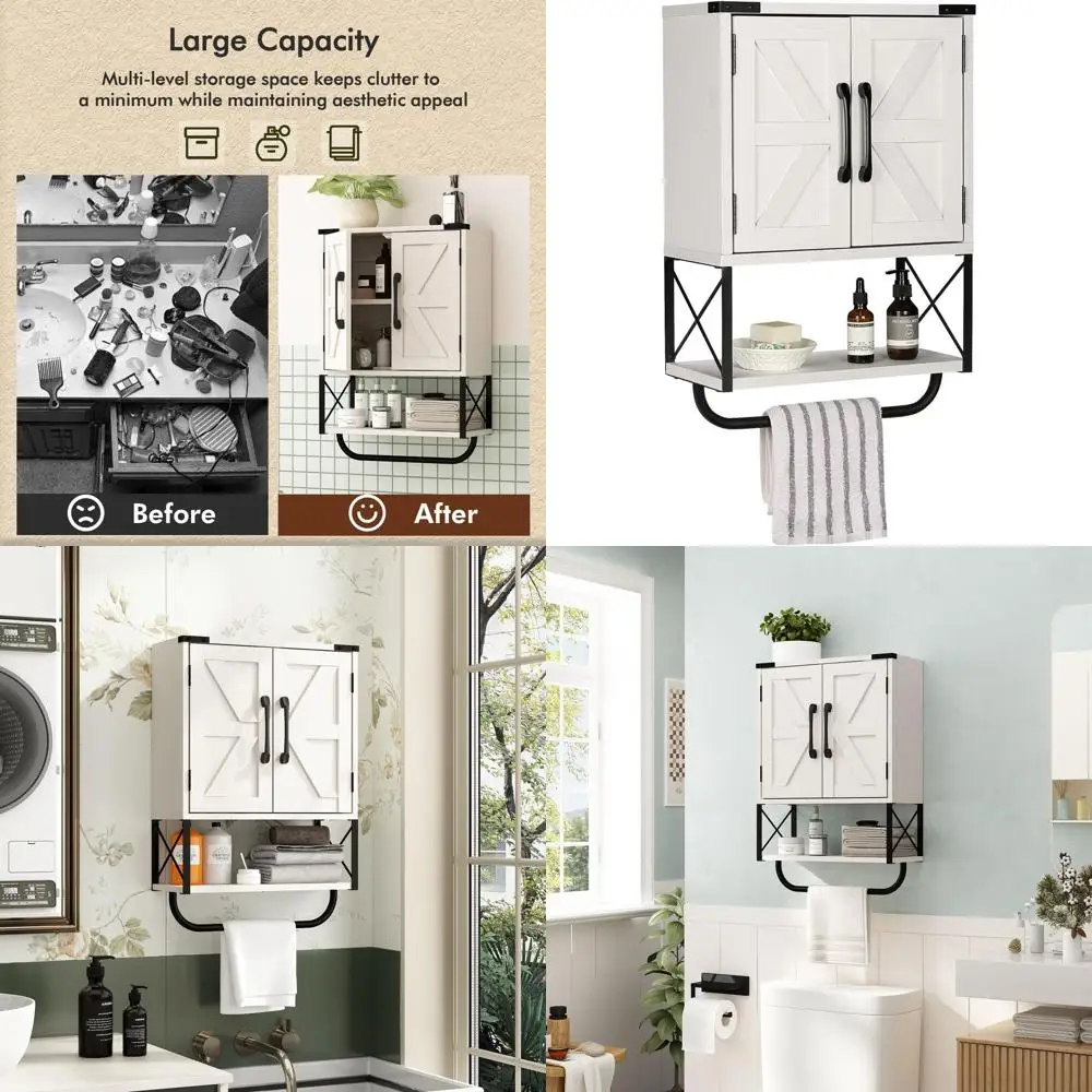 

Навесной шкафчик для медикаментов в стиле рустик с регулируемыми полками и вешалкой для полотенец, для ванной или гостиной, винтажный белый цвет