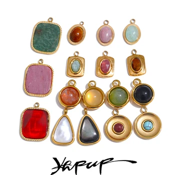 Yhpup requintado aço inoxidável pedra natural quadrado redondo oval pingentes para colar pulseira brincos diy acessórios fazendo