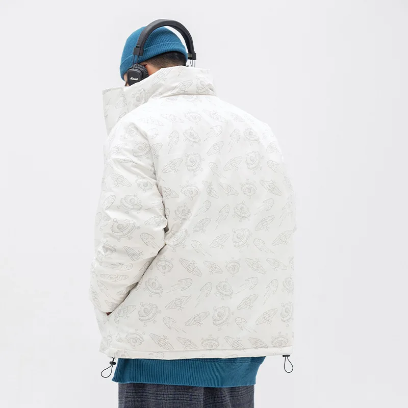 Mùa Đông Làm Dày Parkas Nam Dạo Phố Hoạt Hình In Hip Hop Xuống Cotton Áo Khoác Nữ Ấm Áo Gió Cổ Lông Quá Khổ