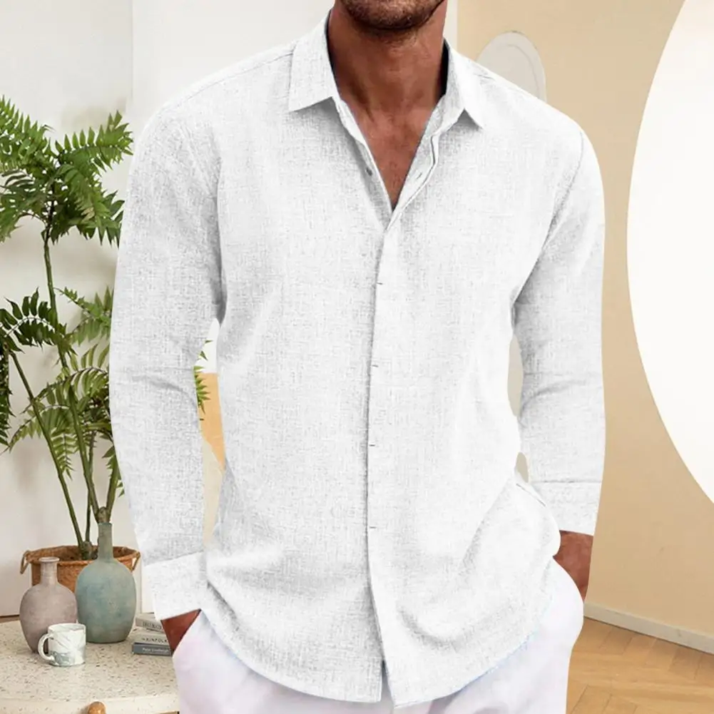 Long-sleeve Shirt Men's Casual Button-down Cardigan with Turn-down Collar Long Sleeves for Office Daily Wear Mid-length Loose