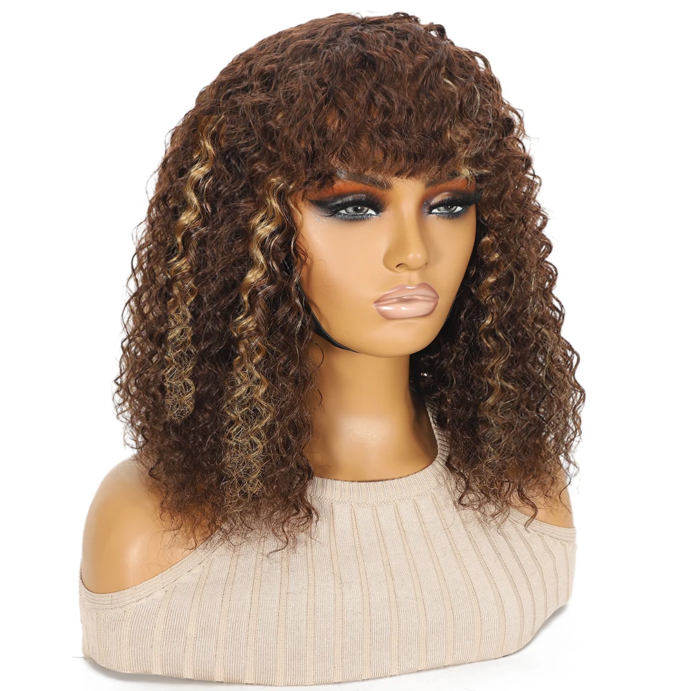 

Highlight Honey Blonde Short Curly Bob Human Hair Wigs With Bangs Full Machine Made Kinky Curly Bob Wig For Women Remy Hair