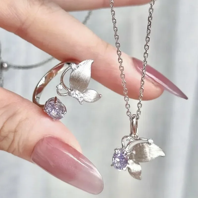 Romantic exquisite amethyst wire drawing butterfly necklace ring Luxury Purple High quality silver 925 jewelry sets for women