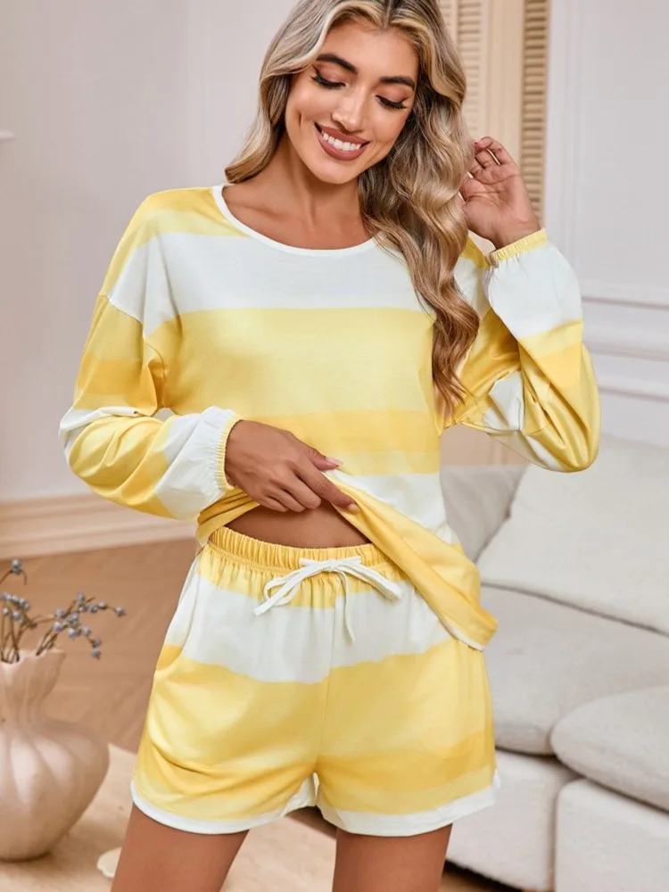 

Women Striped Print Two Piece Set 2025 Fashion Elegant Casual Comfort Long Sleeve T-shirt And Shorts O Neck Loose Homewear Sets