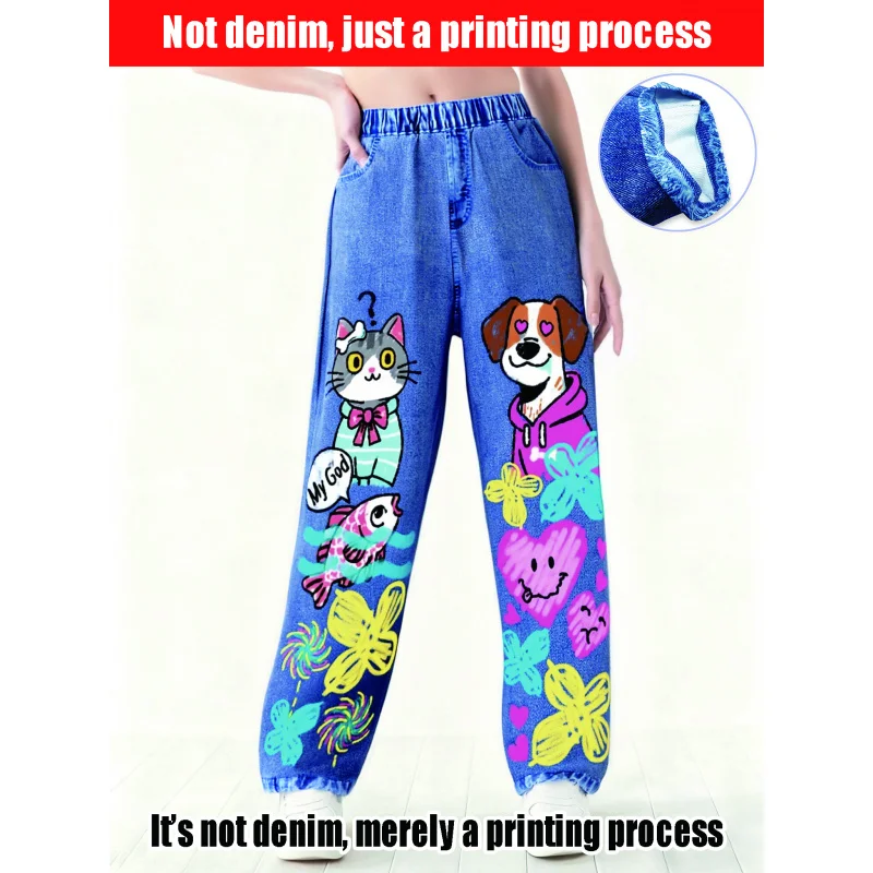 

2026 Girls' High-Waisted Wide-Leg Faux Denim Pants Fun Cat And Dog Print Casual Versatile Loose Straight-Leg Jeans