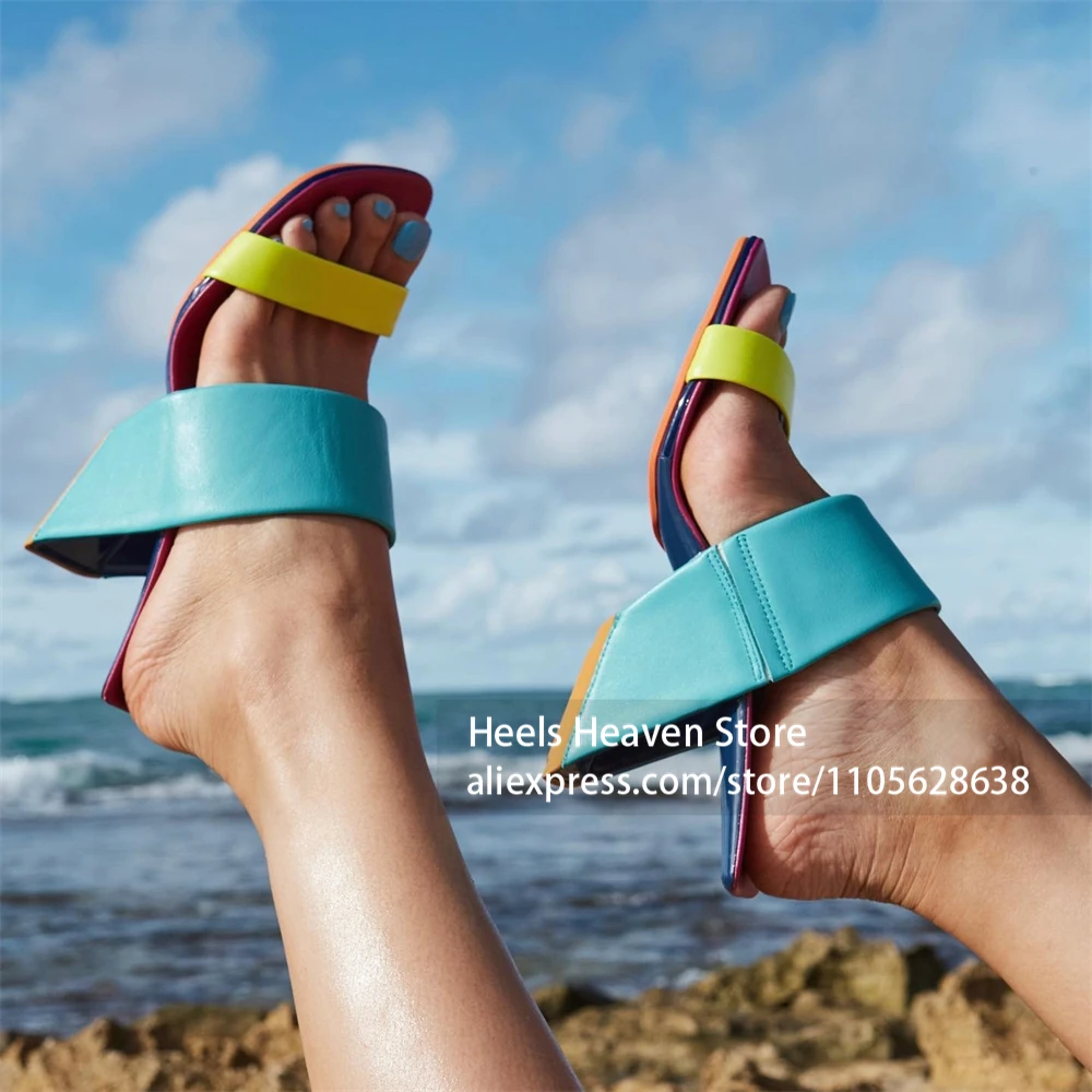 Metallic Geometric Heel Open Toe High Heel Sandal Backless Slip on Structure Heeled Slide Contrast Stitching Detail Summer Daily