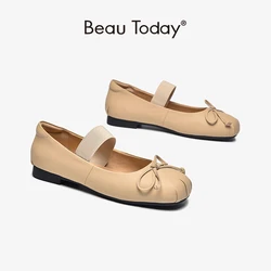 BeauToday buty Mary Jane kobiety kożuch płytkie gumką Bowknot dekoracji wiosna kobiet eleganckie mieszkania Handmade 28281