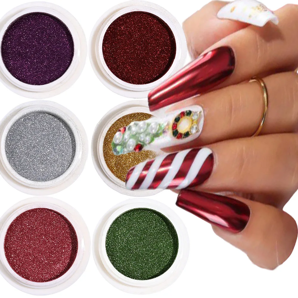 6pcs Metallic Effect Mirror Powder Nail Art Glitter Christmas UV Gel Polish Chrome Pigment Rubbing Dust Manicure Decoration