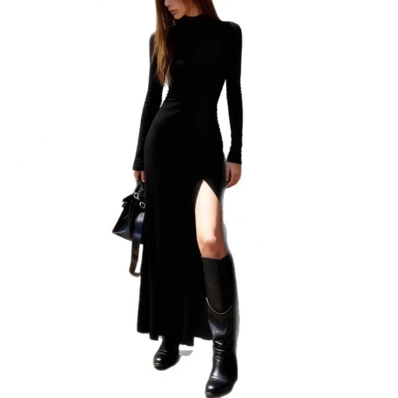 Outono/inverno moda casual preto fino ajuste de manga comprida casaco feminino com camada interna e saia longa bodycon