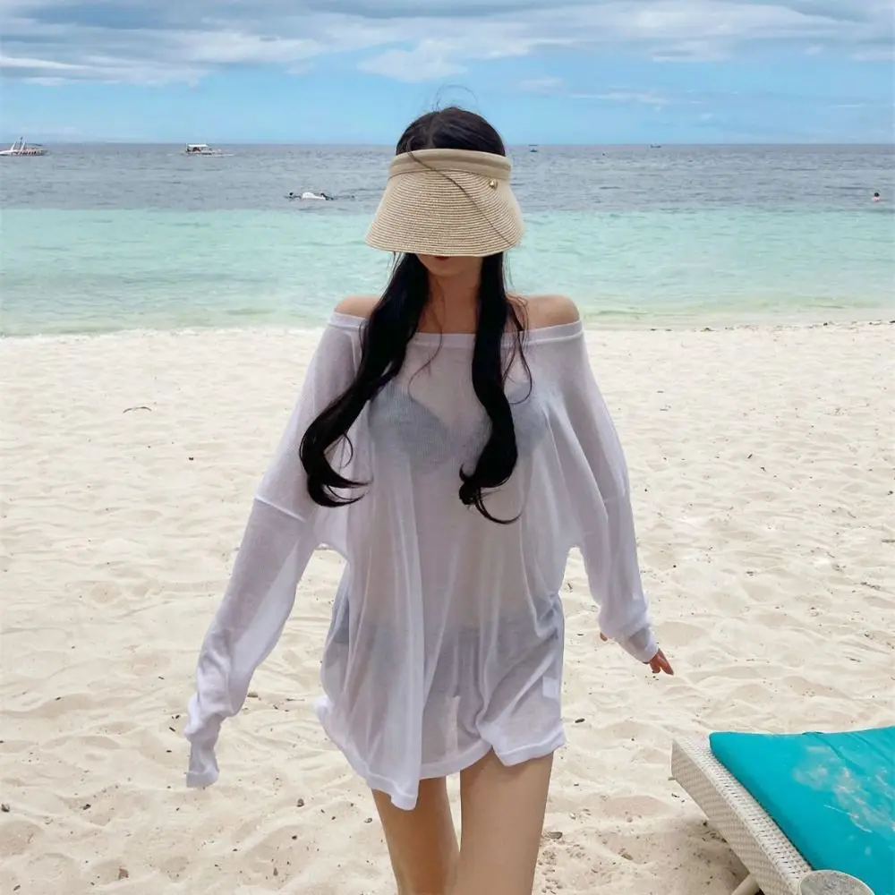 Bikini-Vertuschung, lockere T-Shirts, transparent, für den Sommer, Strand, schlichte Hemden, waschbar, übergroße Sonnenschutz-Pullover