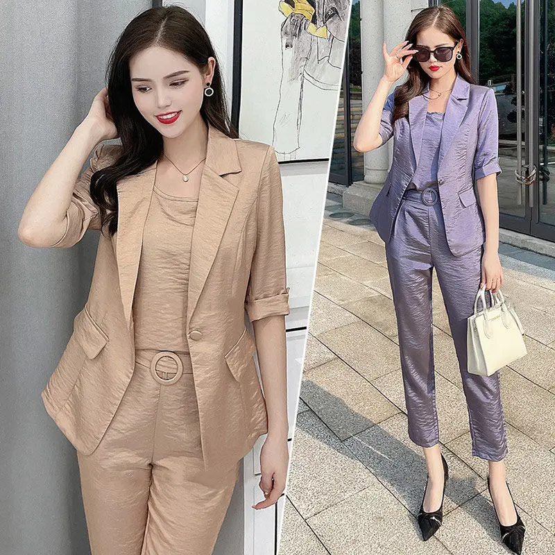 Women's Spring Summer Professional Blazer Two Piece 2023 New Korean Elegant Thin Casual Suit Top + Vest + Pants Three Piece Set