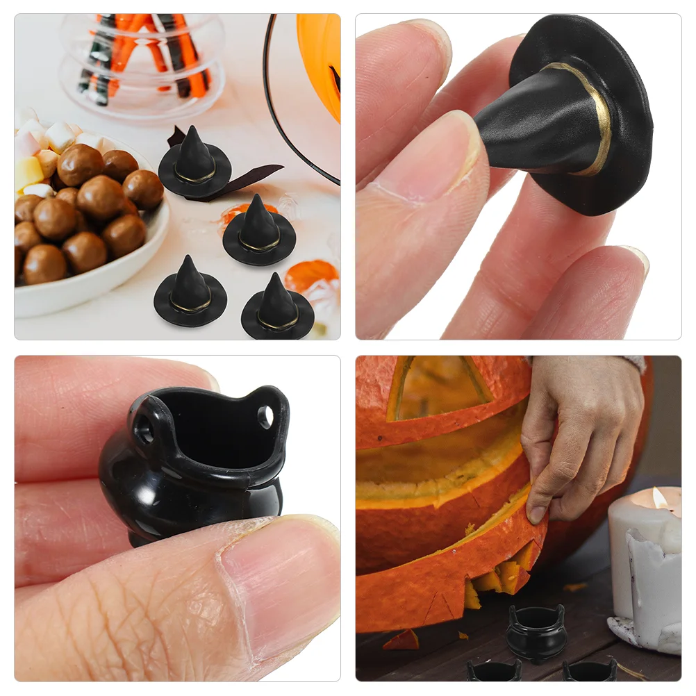 10 Sets Halloween Witch Hat Mini Hats Drinks Miniature Tiny Crafts Decor Kettle Cauldron Small Toy