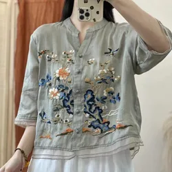 Art Retro Embroidery Summer Women's 2024 New V-neck Panel Button Comfortable Elegant Loose Short Sleeve Cotton and Hemp Shirts