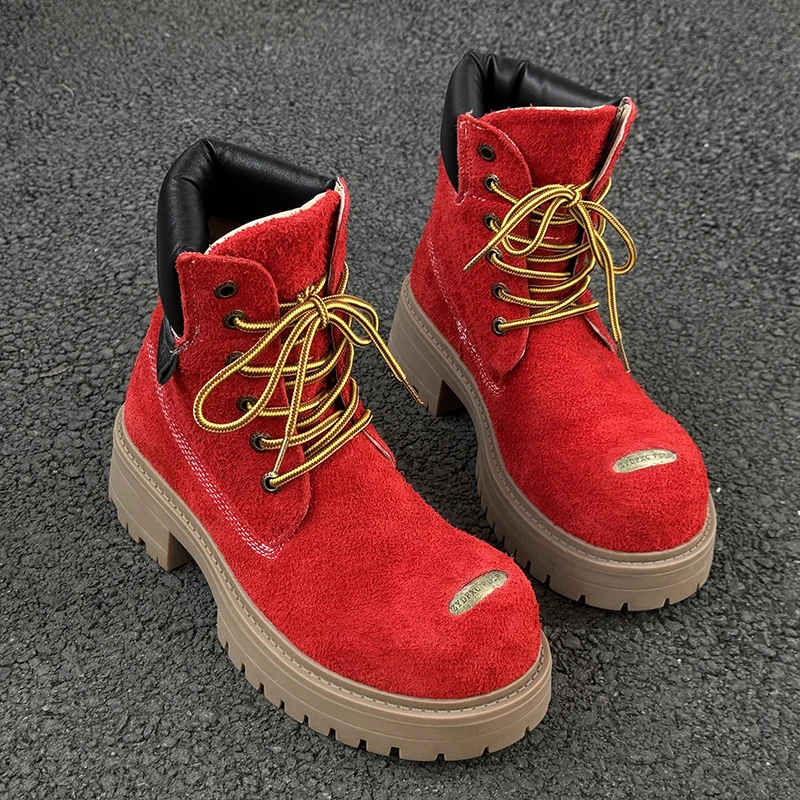 Trendy Brand Multi Colored Big Head Men Thick Soled Motorcycle Boots Height Increasing Color Blocking Suitable for Both MenWomen