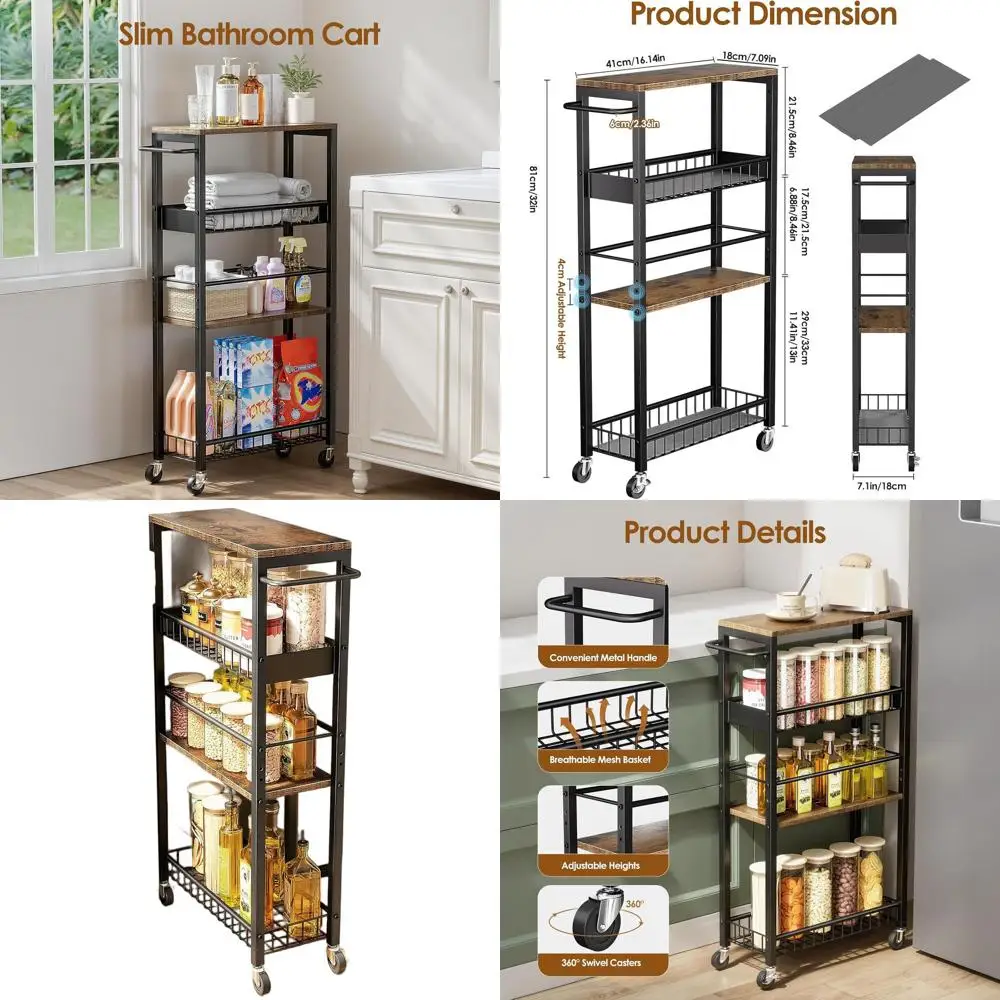 

Narrow 4-Tier Metal Rolling Cart for Compact Spaces - Versatile Storage Solution for Kitchen, Laundry, Bathroom, Living Room