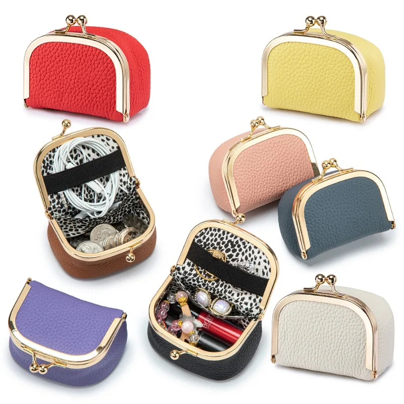 Small Genuine Leather Jewelry Storage Case Kiss Lock Design Coin Purse with Built‑in Bandage Travel Jewelry Organizer for Women