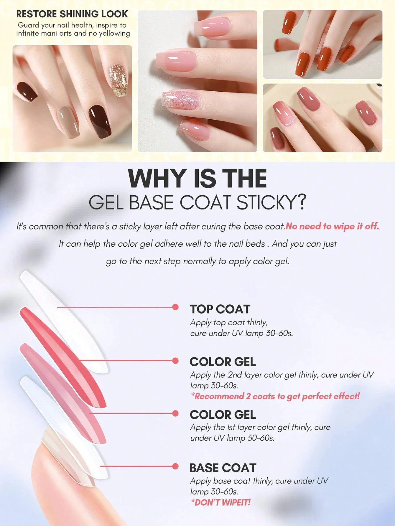 Juego de capa superior y capa Base de Gel sin toallitas, acabado brillante y duradero, para salón de uñas en casa, bricolaje, 2 uds., 7,5 ml