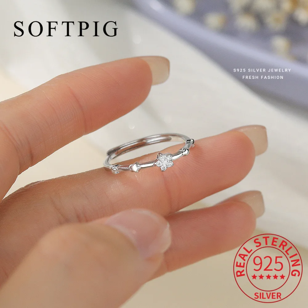 

SOFTPIG Genuine 925 Sterling Silver Zircon Star Adjustable Ring for Women Cute Fine Jewelry Light Luxury Accessories