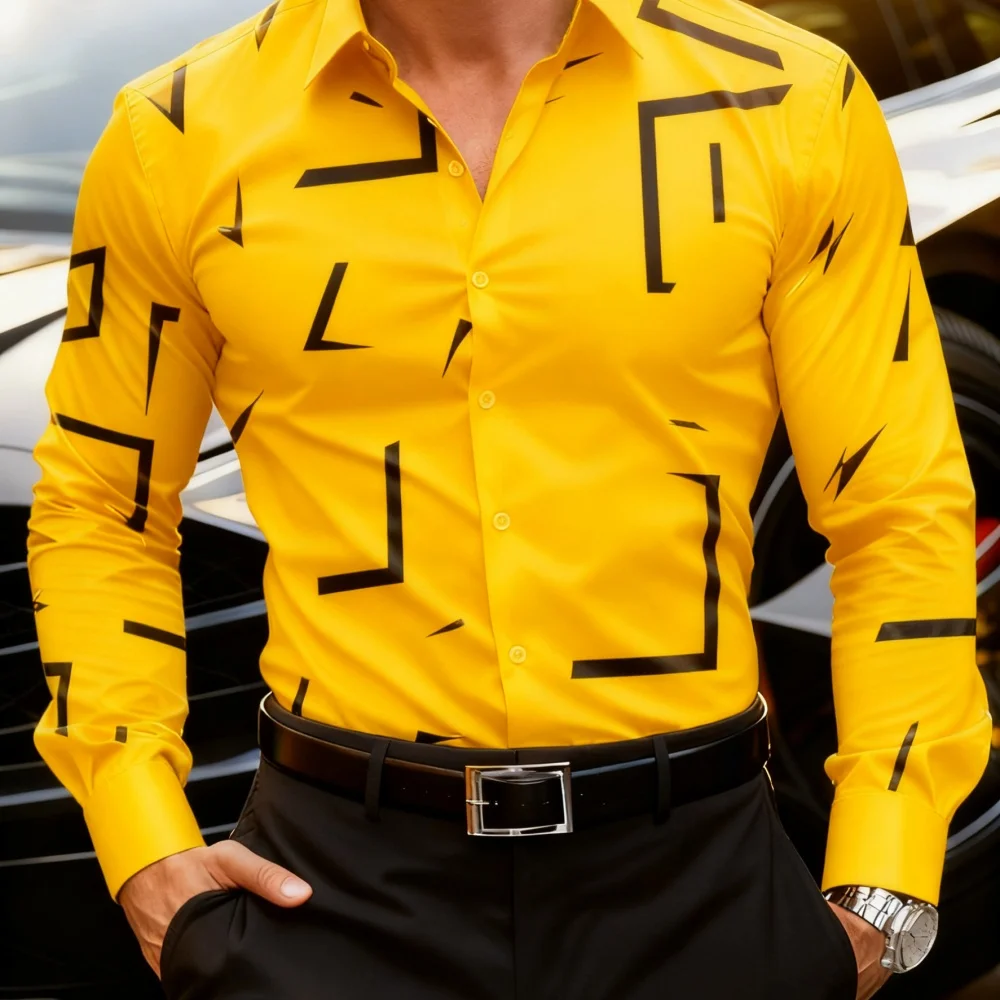 Men's plus Size Geometric Print Long Sleeve Lapel Shirt Casual Street Fashion Single Breasted Versatile Shirt Fast Shipping
