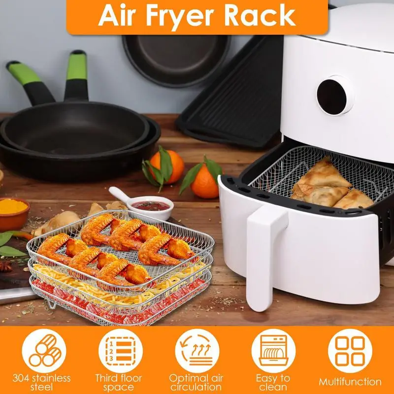 

Air Fryer Accessories Set Double Basket Rectangle Stainless Steel Microwave Oven Grilling Rack 3 Piece Tiered Dehydrator Rack