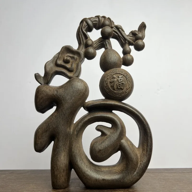 

Hand-Carved Agarwood "Fu" Gourd Statue - 7.48" H, 5.12" L Wooden Sculpture for Home Decor, Bookshelf Ornament, Chinese Art